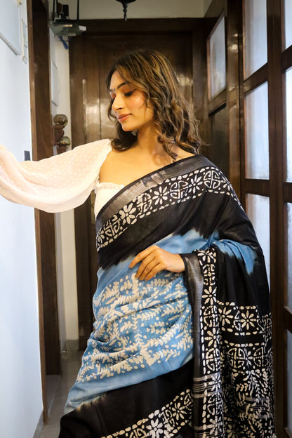 Black and Sky Blue Batik Cotton Saree with Zari Base