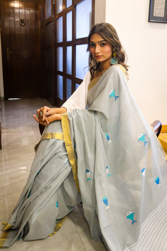 Grey, Blue, and White Handwoven Cotton Saree with Fishes