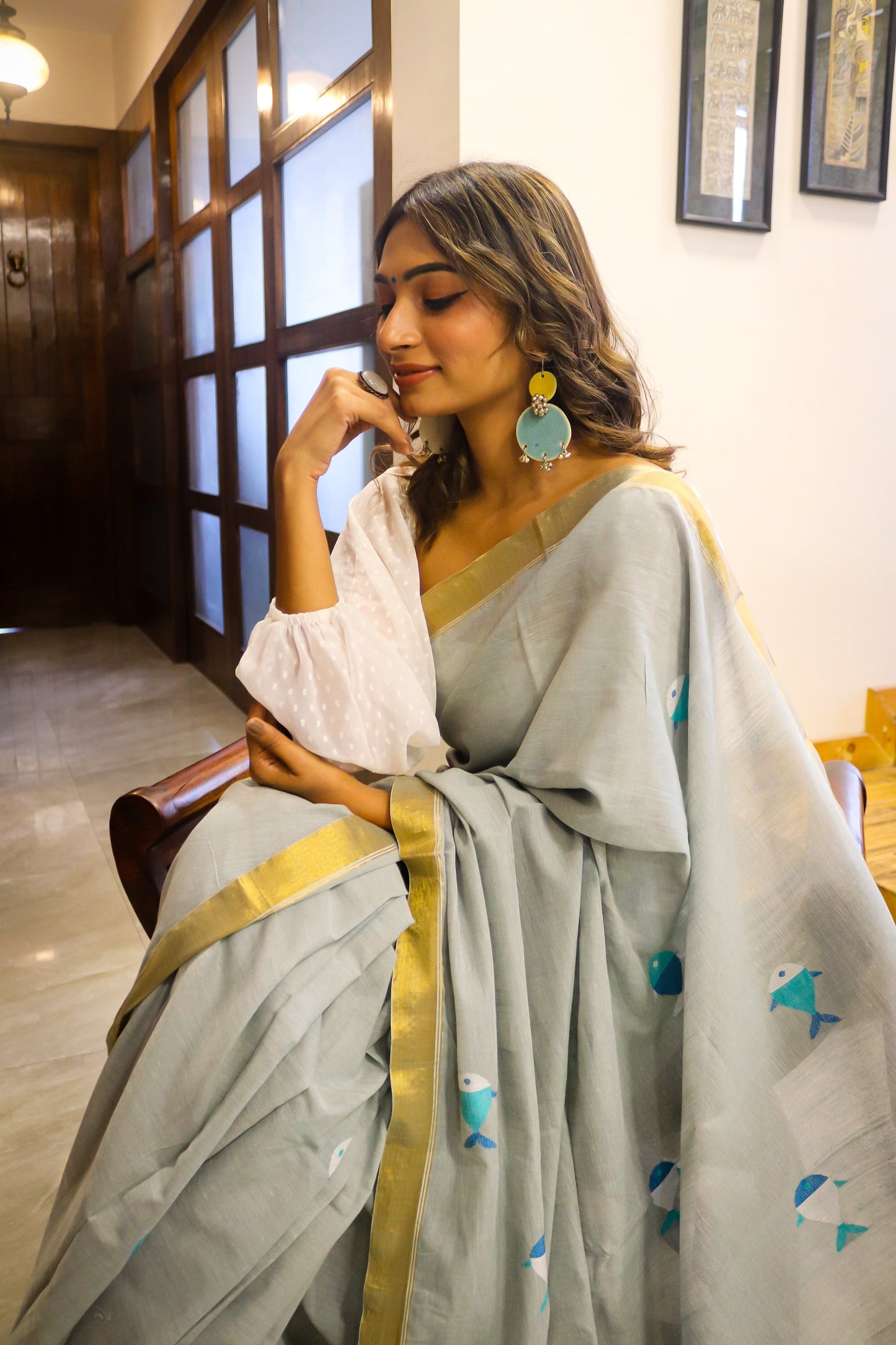 Grey, Blue, and White Handwoven Cotton Saree with Fishes