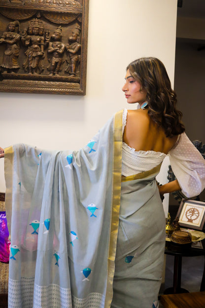 Grey, Blue, and White Handwoven Cotton Saree with Fishes