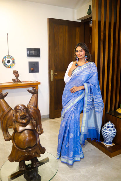 Blue and White Kota Cotton Saree with Block Print