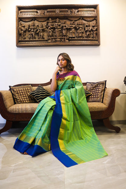 Green Soft Cotton Saree with Zari Border