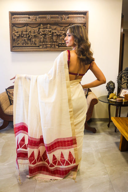 Cream and Red Cotton Saree with Tussar Border