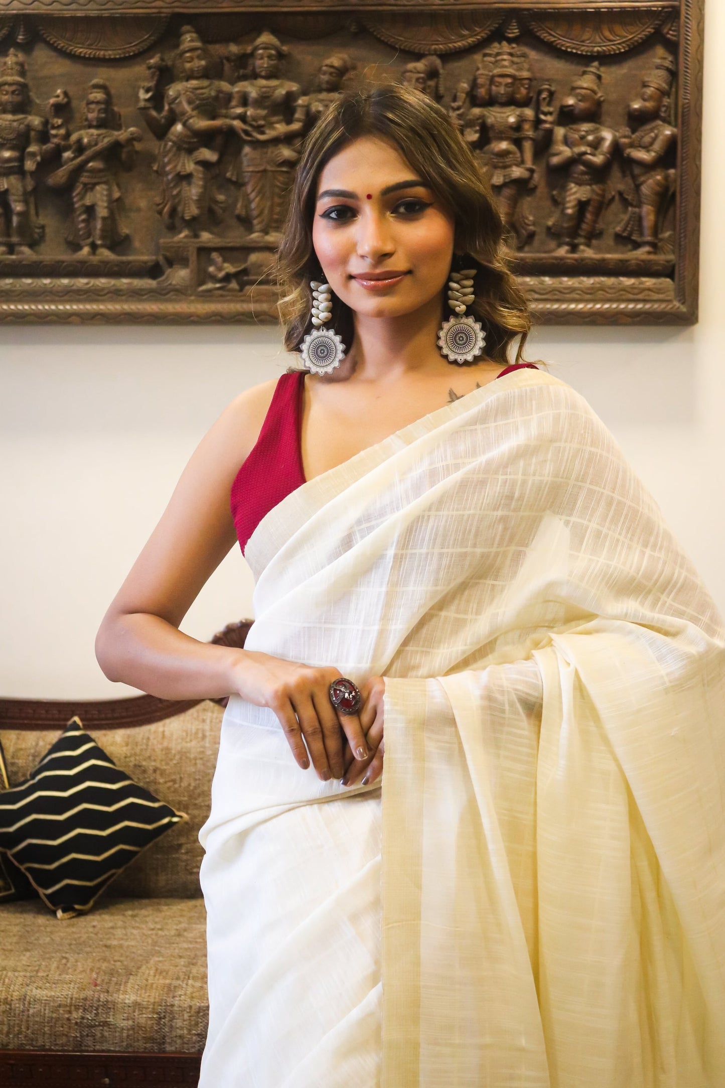 Cream and Red Cotton Saree with Tussar Border