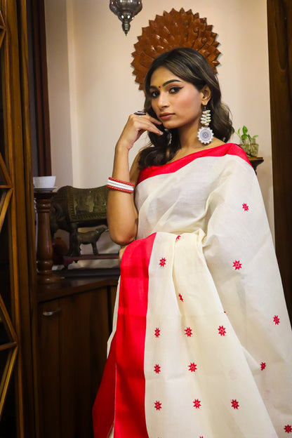 Cream and Red Handwoven Cotton Saree from Dhaniakhali, West Bengal