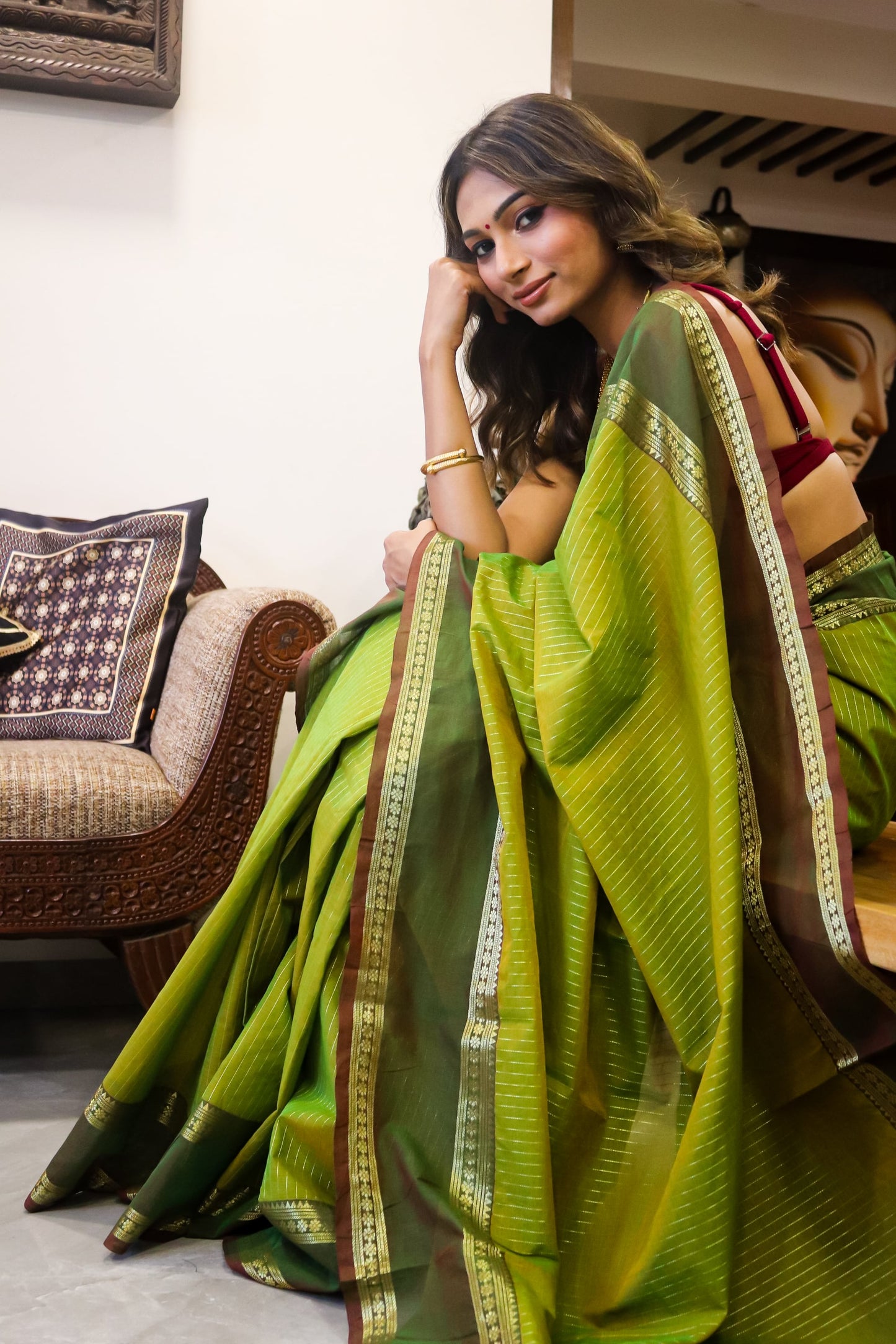 Green Handwoven Cotton Saree with Zari