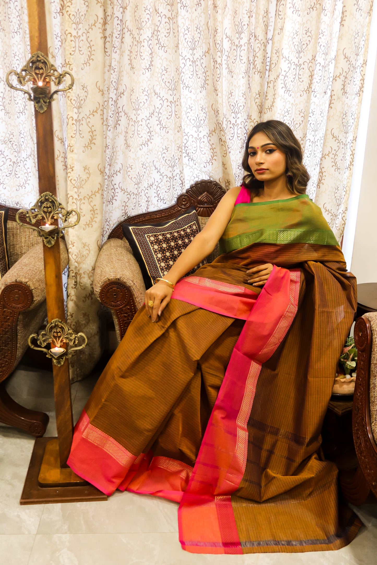 Brown Handcrafted Saree with Ganga Jamuna Border