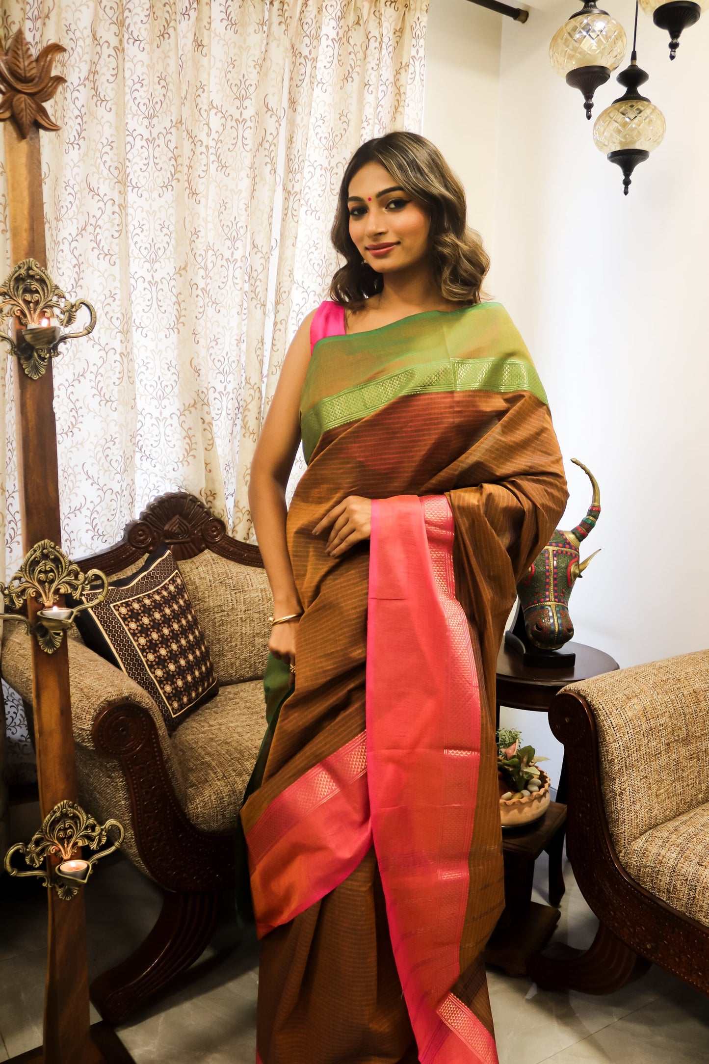 Brown Handcrafted Saree with Ganga Jamuna Border