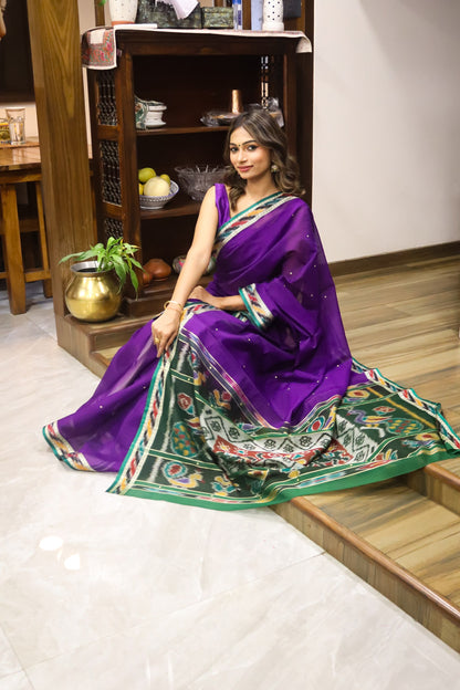 Purple and Green Soft Cotton Saree with Pochampalli Border