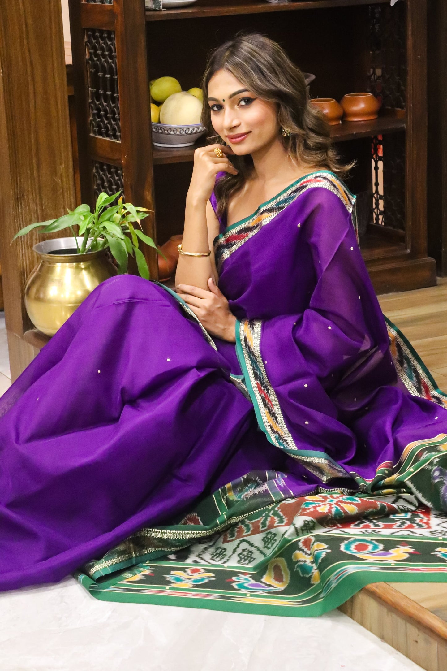 Purple and Green Soft Cotton Saree with Pochampalli Border