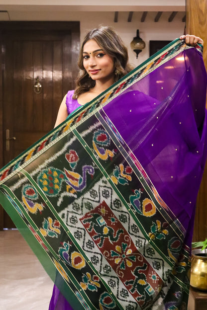 Purple and Green Soft Cotton Saree with Pochampalli Border