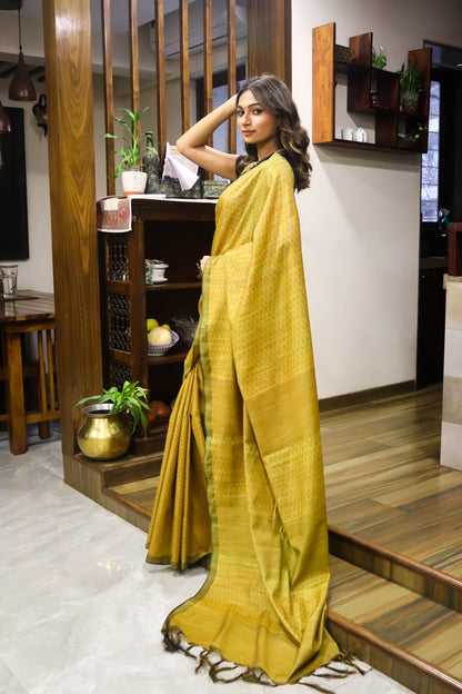 Mustard and Black Cotton Silk Saree