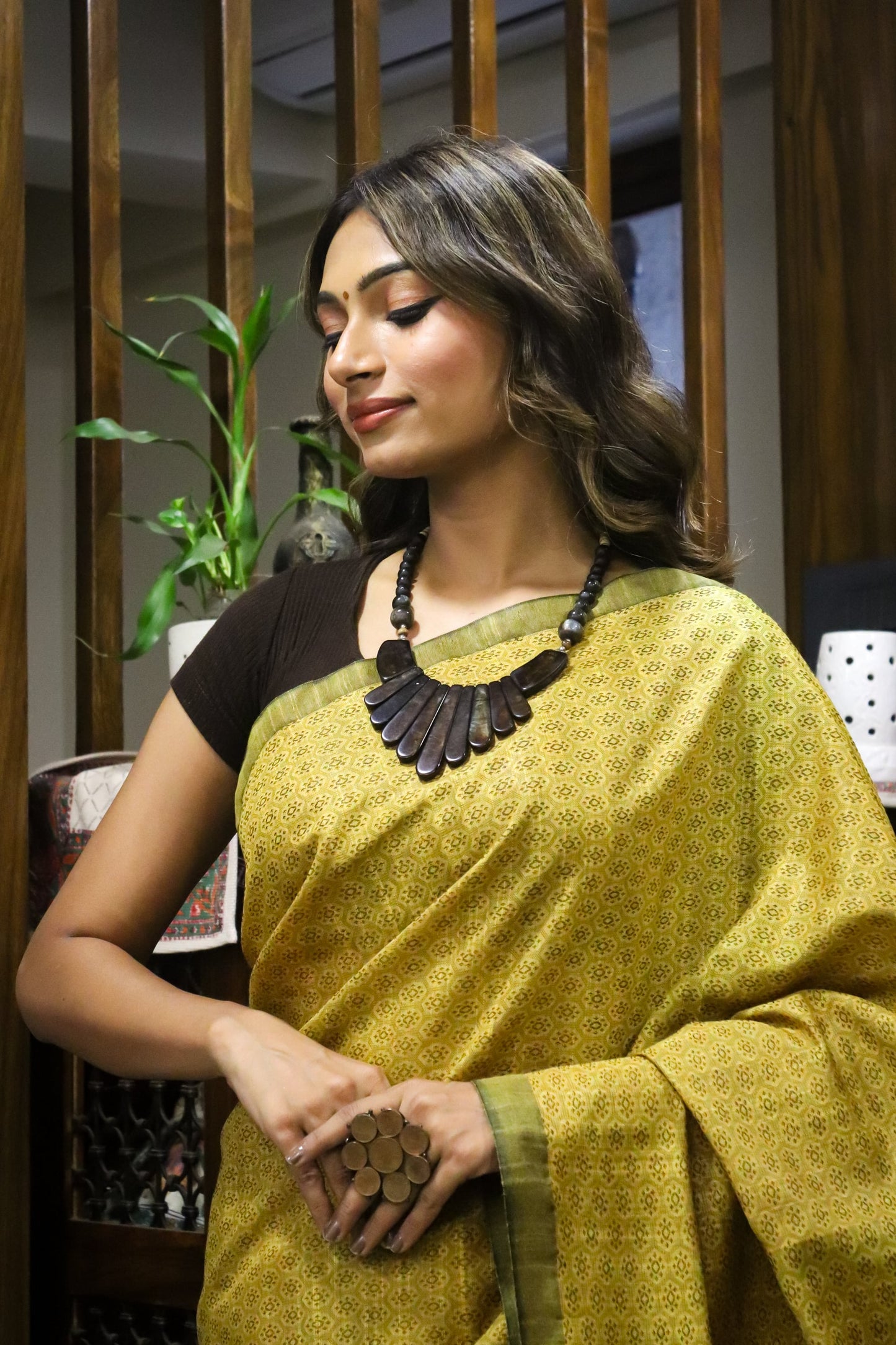 Mustard and Black Cotton Silk Saree