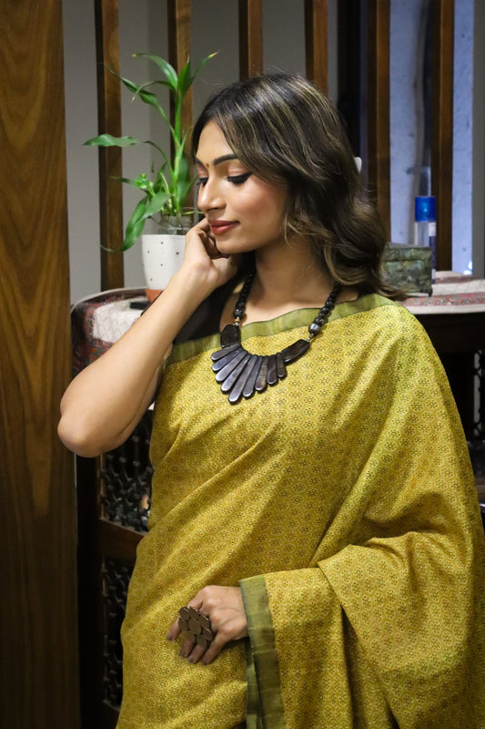 Mustard and Black Cotton Silk Saree