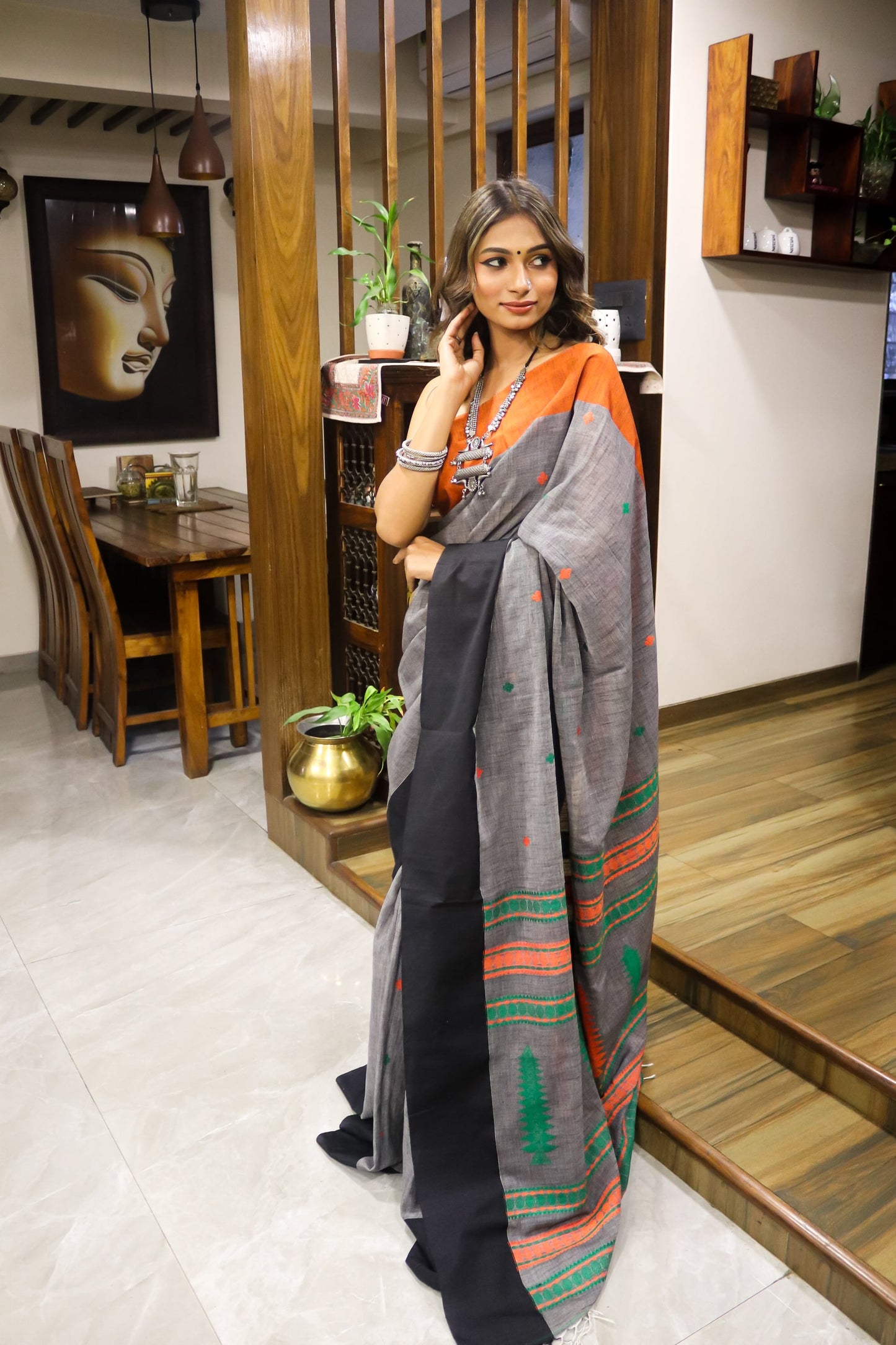 Grey and Orange Soft Cotton Saree with Ganga Jamuna Border