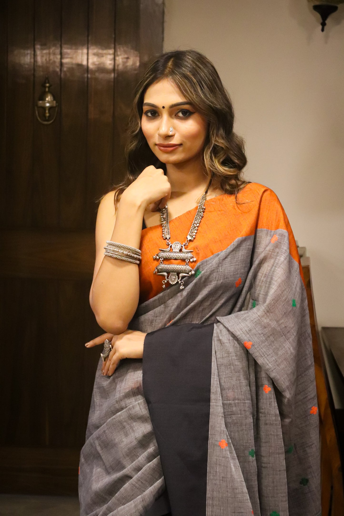 Grey and Orange Soft Cotton Saree with Ganga Jamuna Border