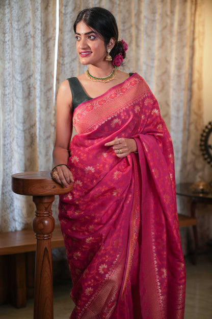 Banarasi Satin Silk saree in light pink with rich zari craftsmanship – front profile image styled for festive season.