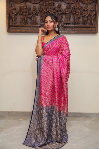Model draped in exclusive Banarasi saree with resham silk weaving and Tanchoi work – ideal for Indian festivals.