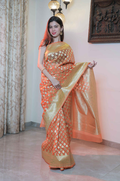 Orange Chanderi Silk Brocade Saree