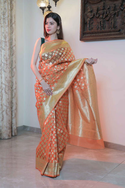 Orange Chanderi Silk Brocade Saree