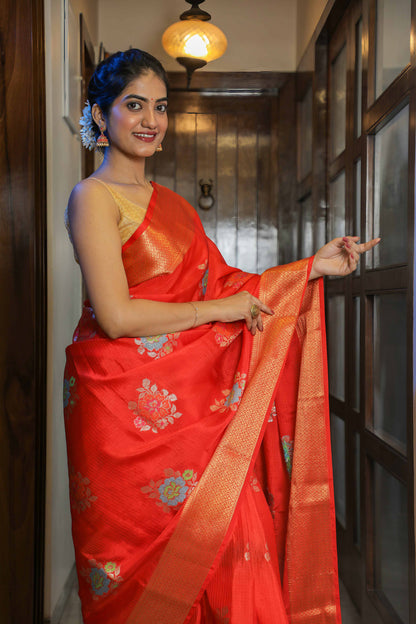 Saffron Organza Silk Saree