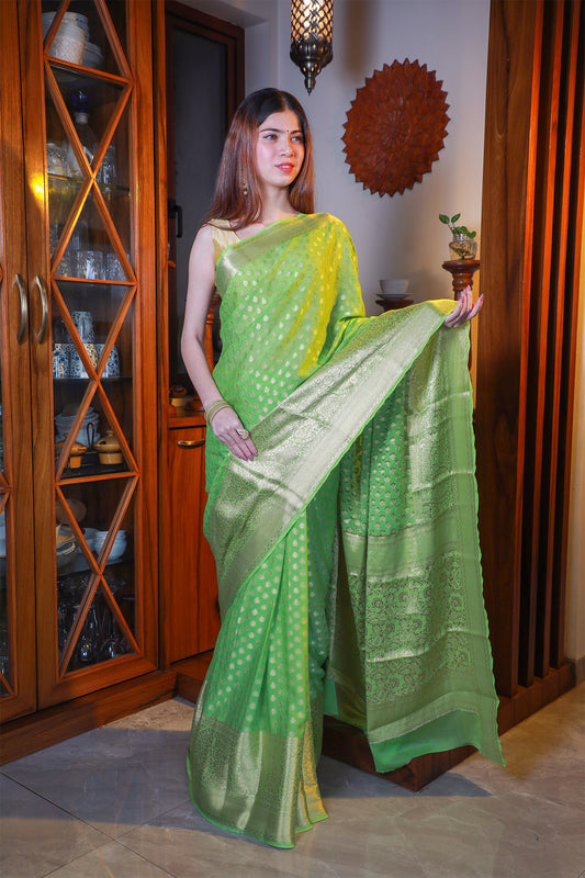 Pista Green Butti Georgette Saree