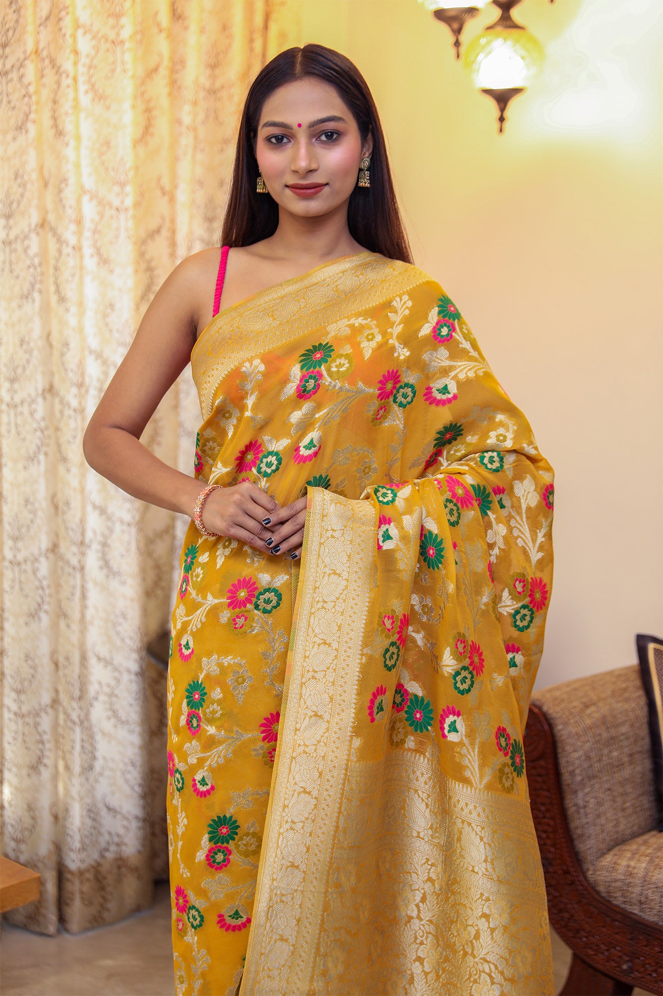 Mustard Khadi Georgette Saree