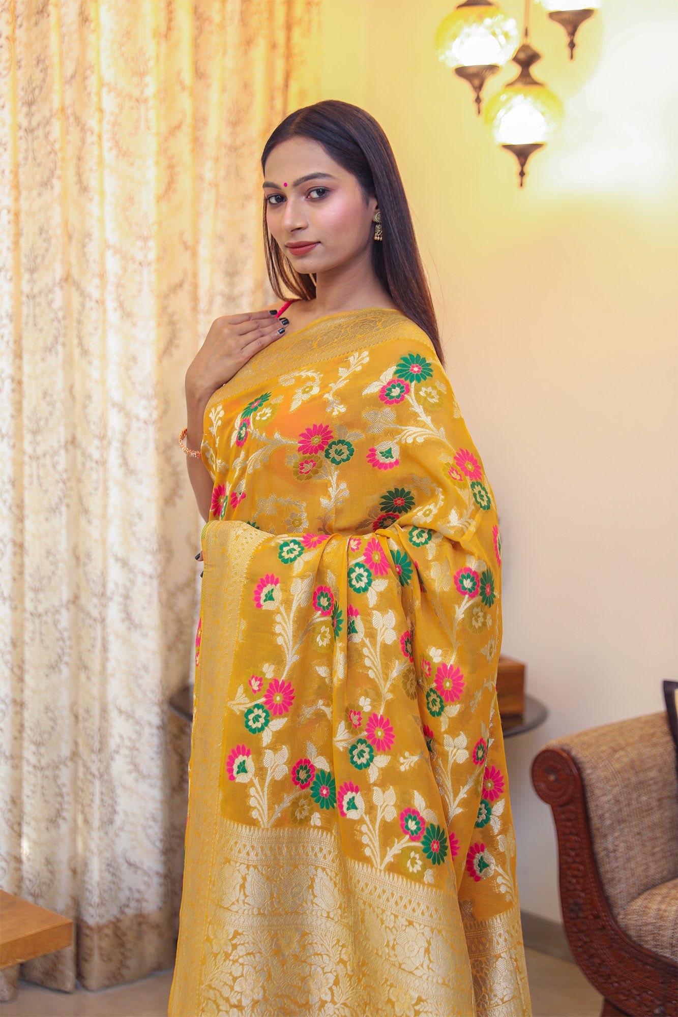 Mustard Khadi Georgette Saree