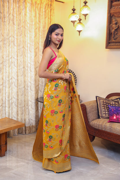 Mustard Khadi Georgette Saree