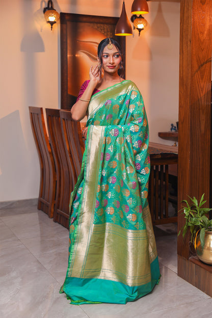 Green Meenakari Katan Silk Saree with and Zari Work