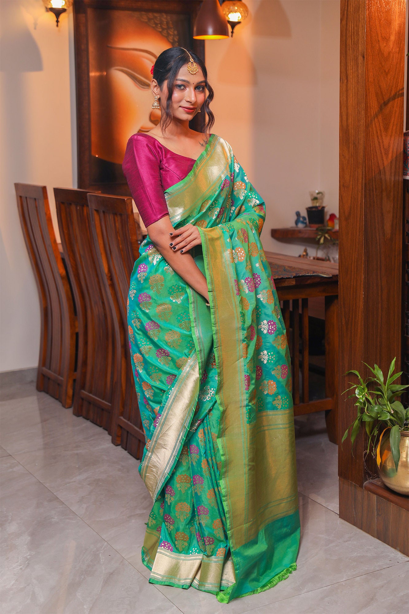 Green Meenakari Katan Silk Saree with and Zari Work