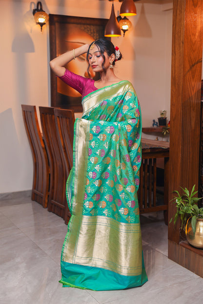 Green Meenakari Katan Silk Saree with and Zari Work