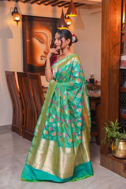 Green Meenakari Katan Silk Saree with and Zari Work