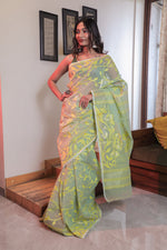 Load image into Gallery viewer, Greenish-grey Dhakai Jamdani Saree
