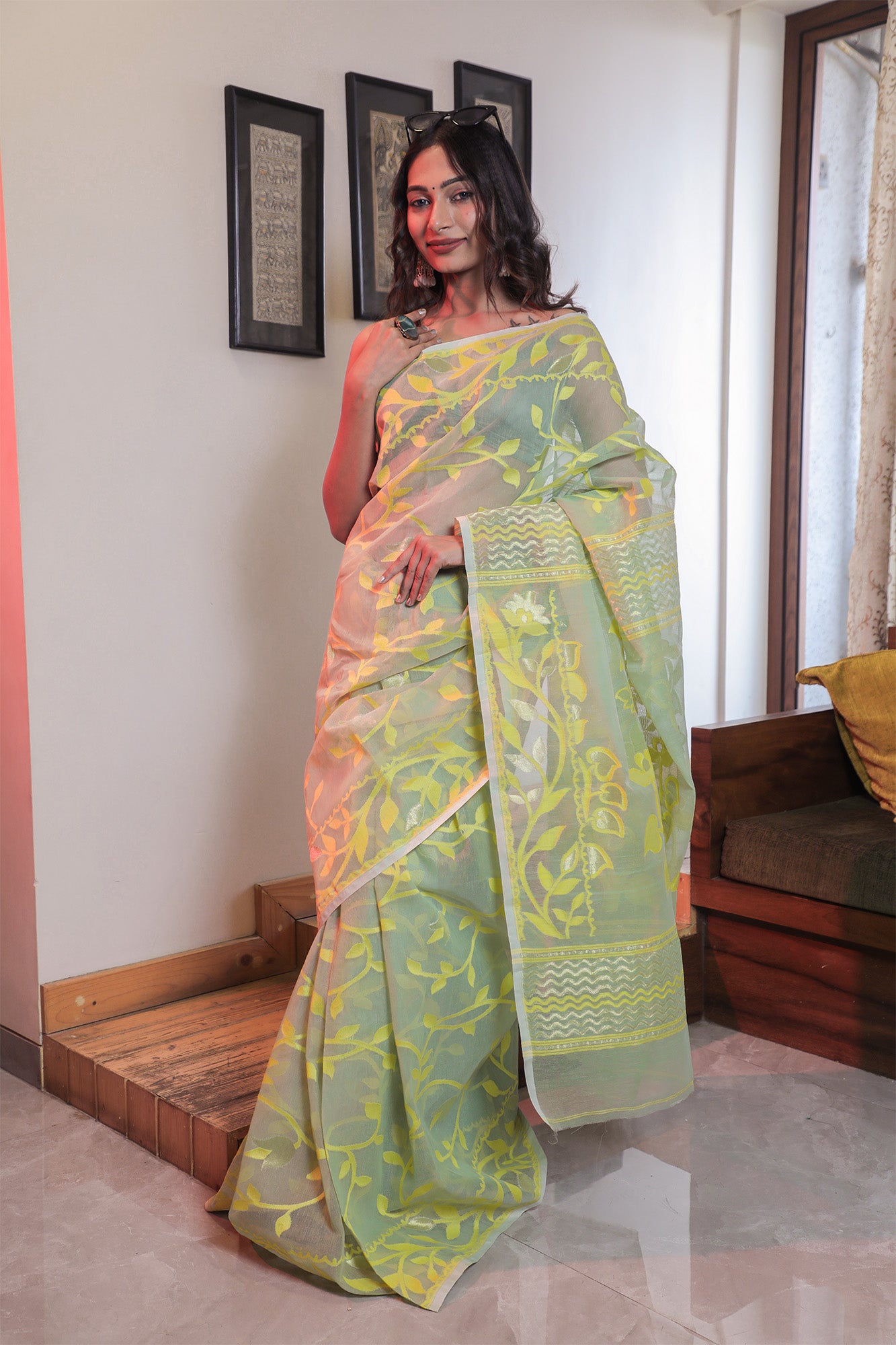 Greenish grey Dhakai Jamdani Saree