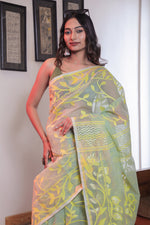 Load image into Gallery viewer, Greenish-grey Dhakai Jamdani Saree
