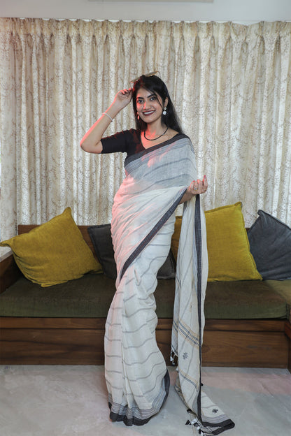 White and Black Linen Saree