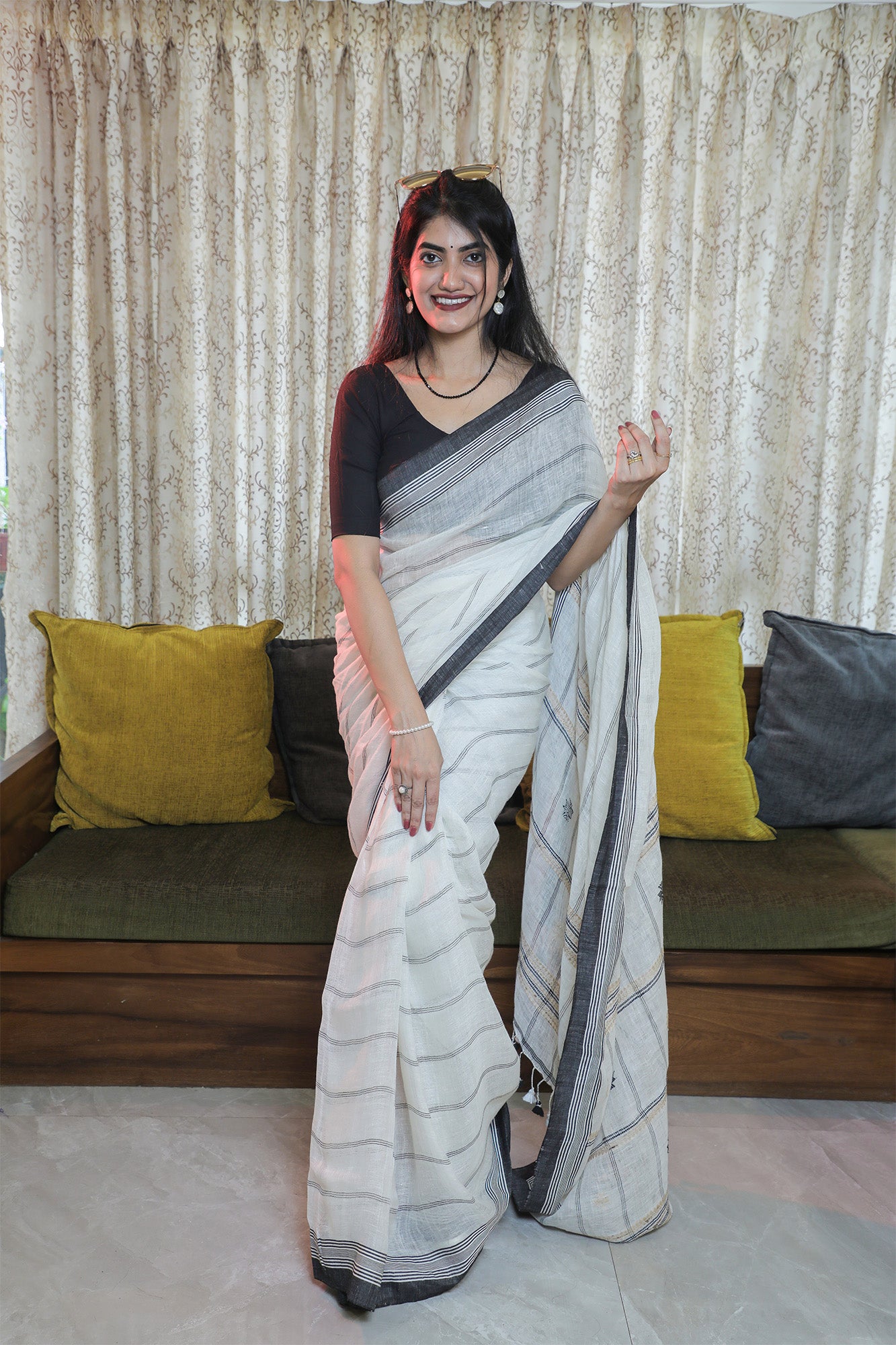 White and Black Linen Saree