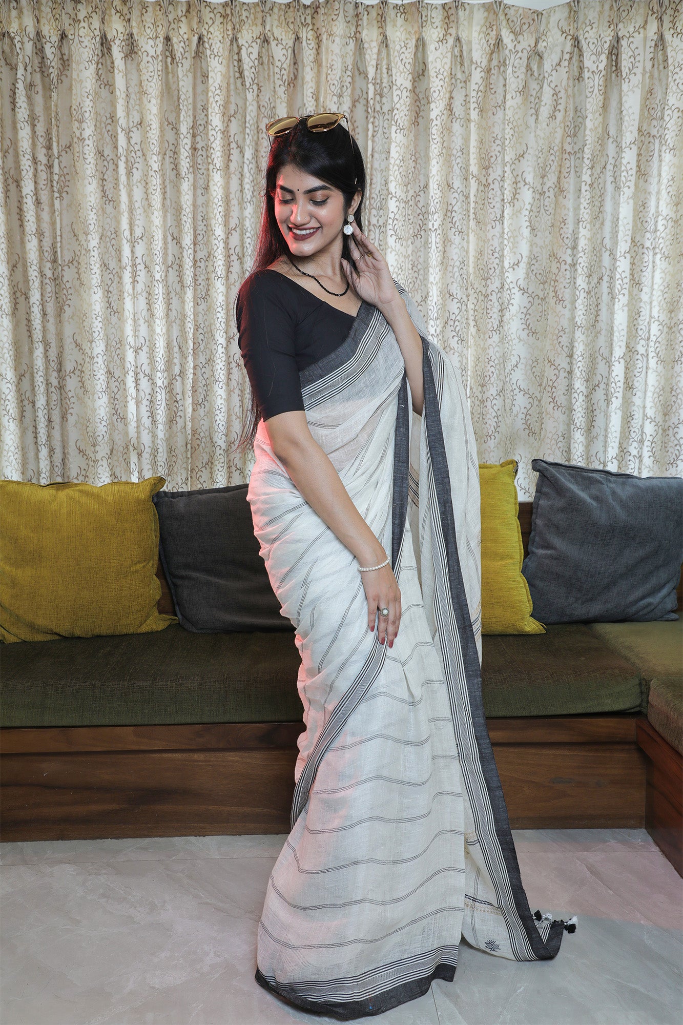 White and Black Linen Saree