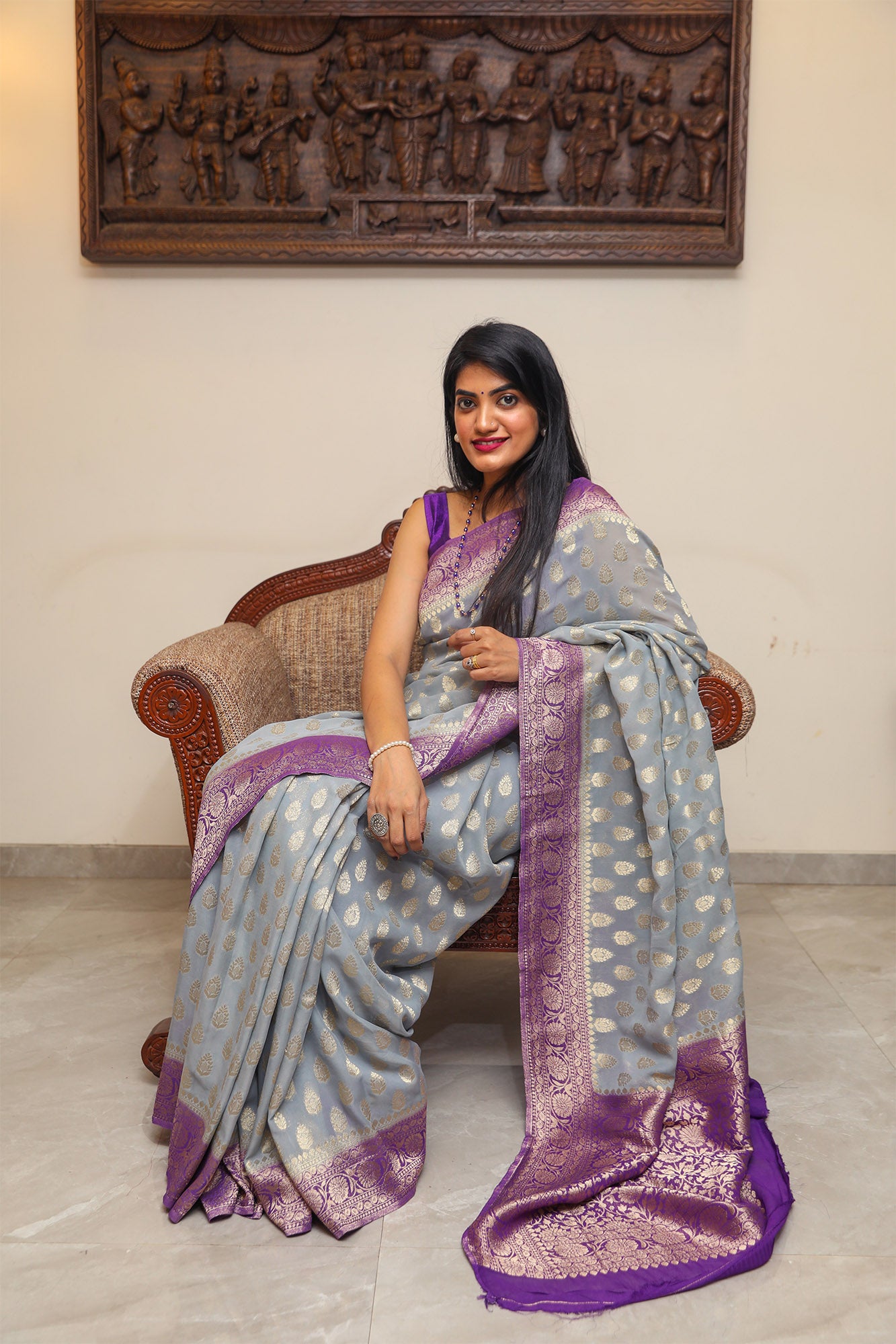 Steel Grey and Purple Banarasi Georgette Silk Saree