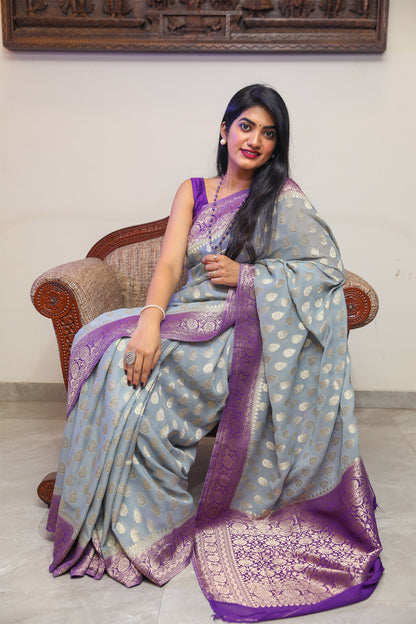 Steel Grey and Purple Banarasi Georgette Silk Saree