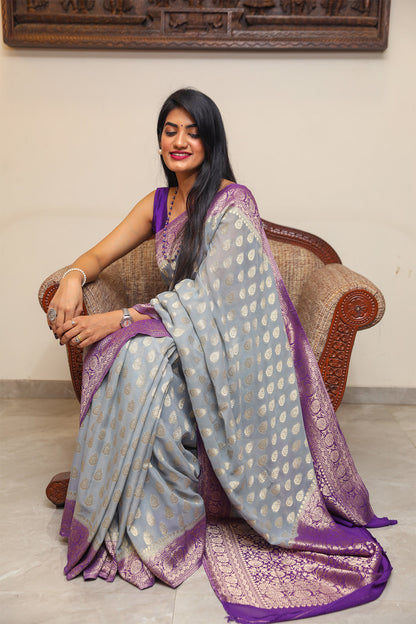 Steel Grey and Purple Banarasi Georgette Silk Saree