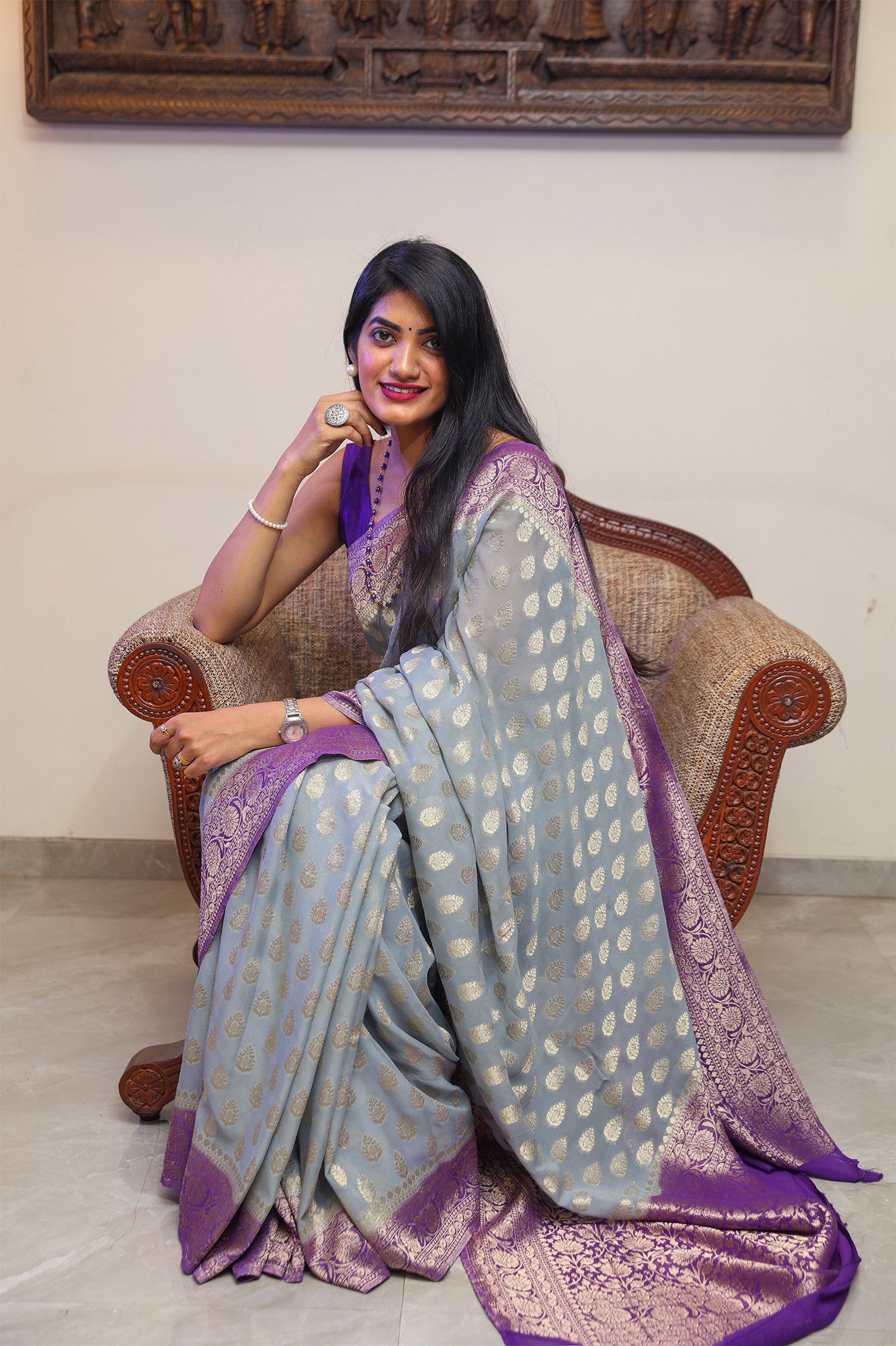 Steel Grey and Purple Banarasi Georgette Silk Saree