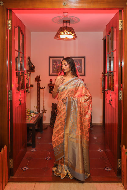 Peach and Teal Blue Katan Silk Saree