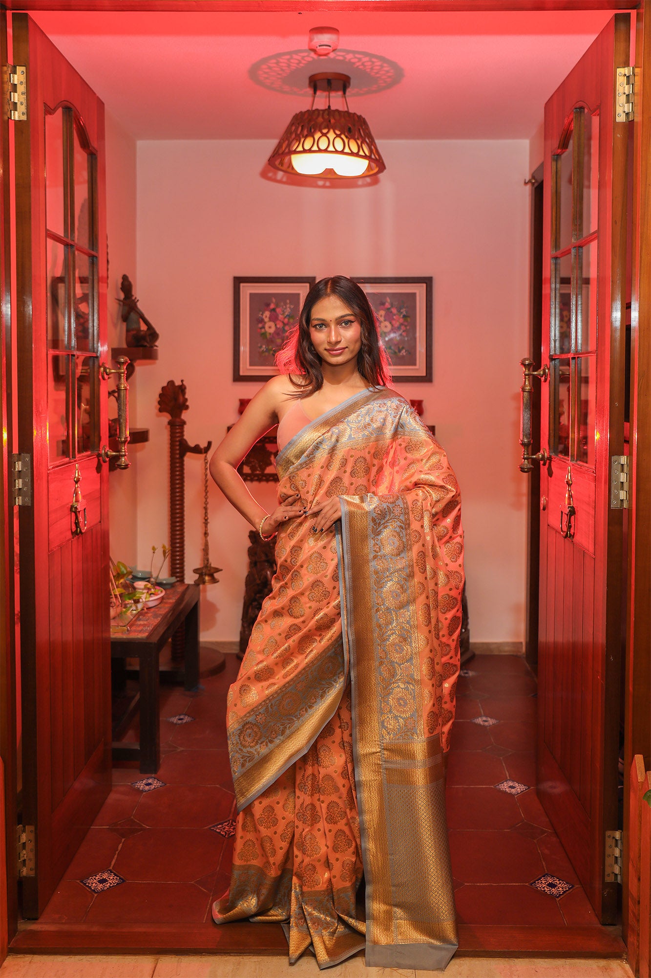 Peach and Teal Blue Katan Silk Saree