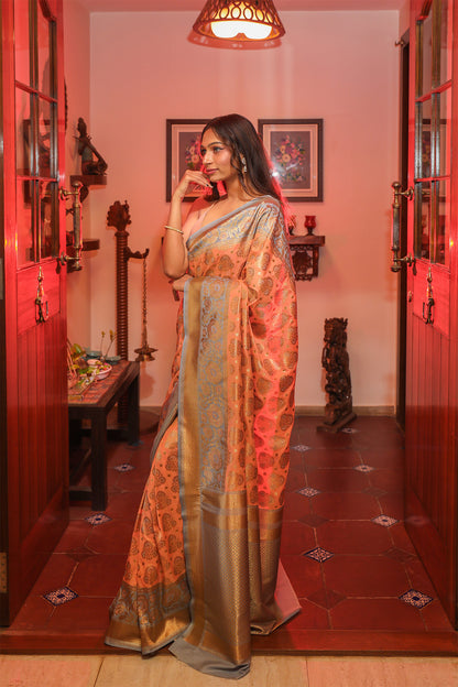 Peach and Teal Blue Katan Silk Saree