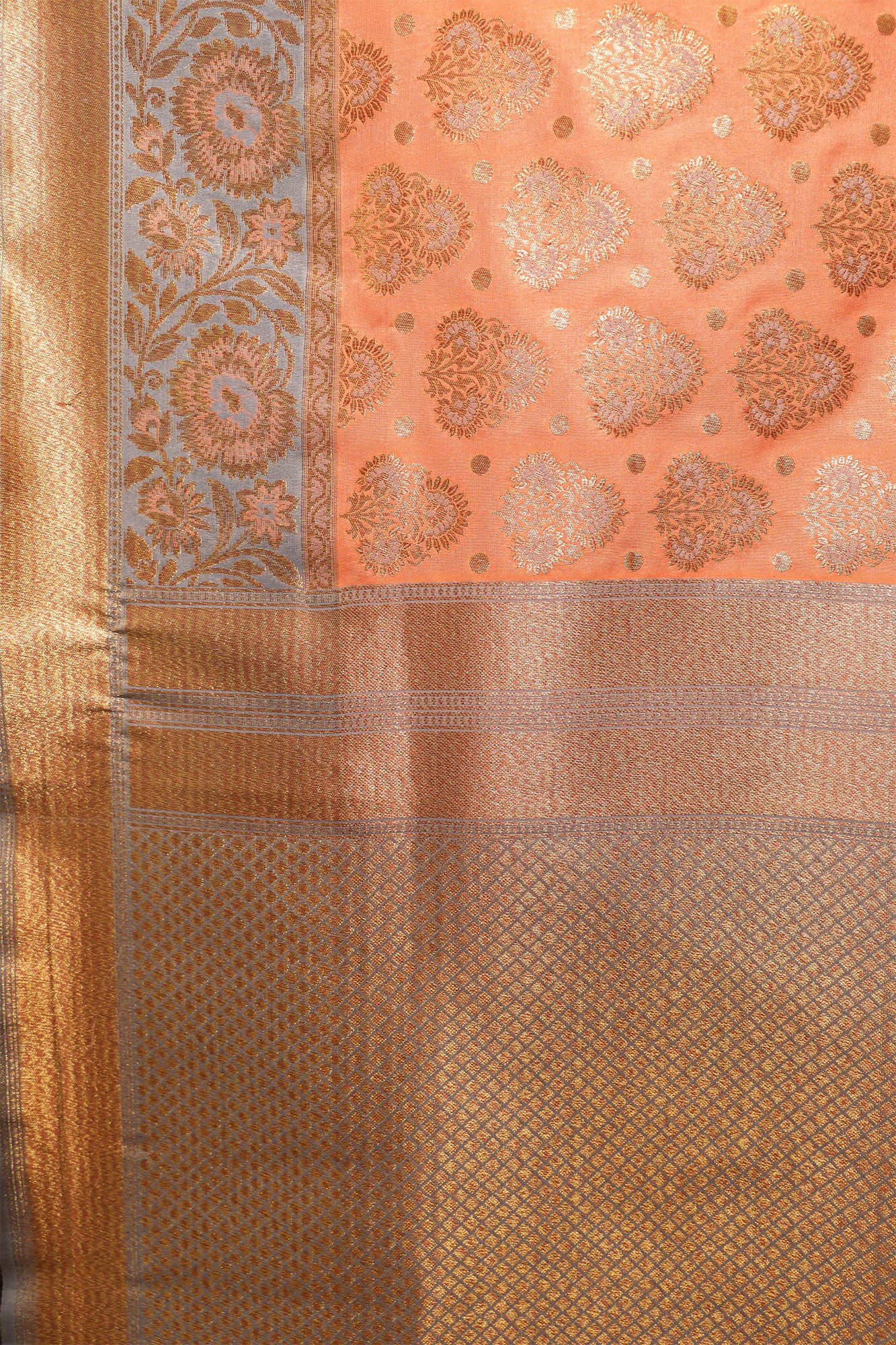 Peach and Teal Blue Katan Silk Saree