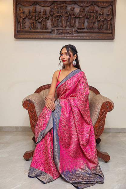 Pink and Blue Tanchoi Resham Silk Jamawar Saree