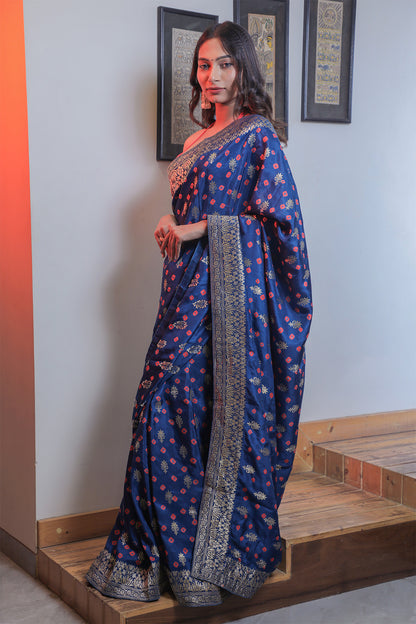 Blue Kutchi Silk Bandhani Saree