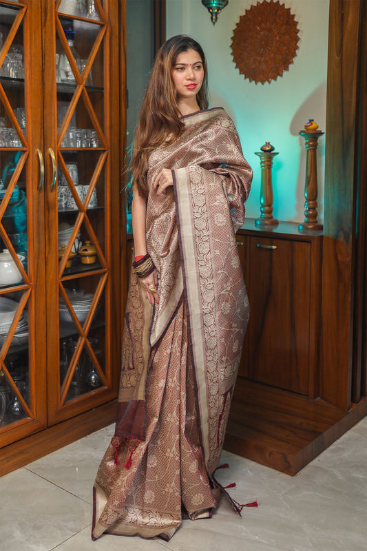 Brown Pashmina Kora Silk Saree